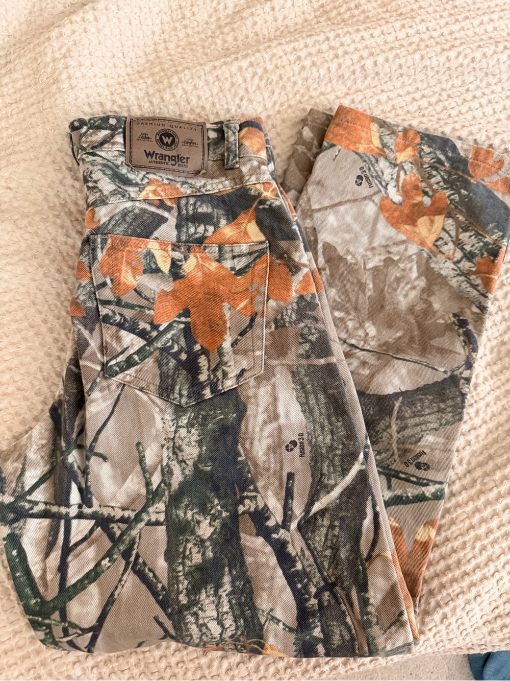 Wrangler Camo Jeans in Green, Brown, Tan, Orange